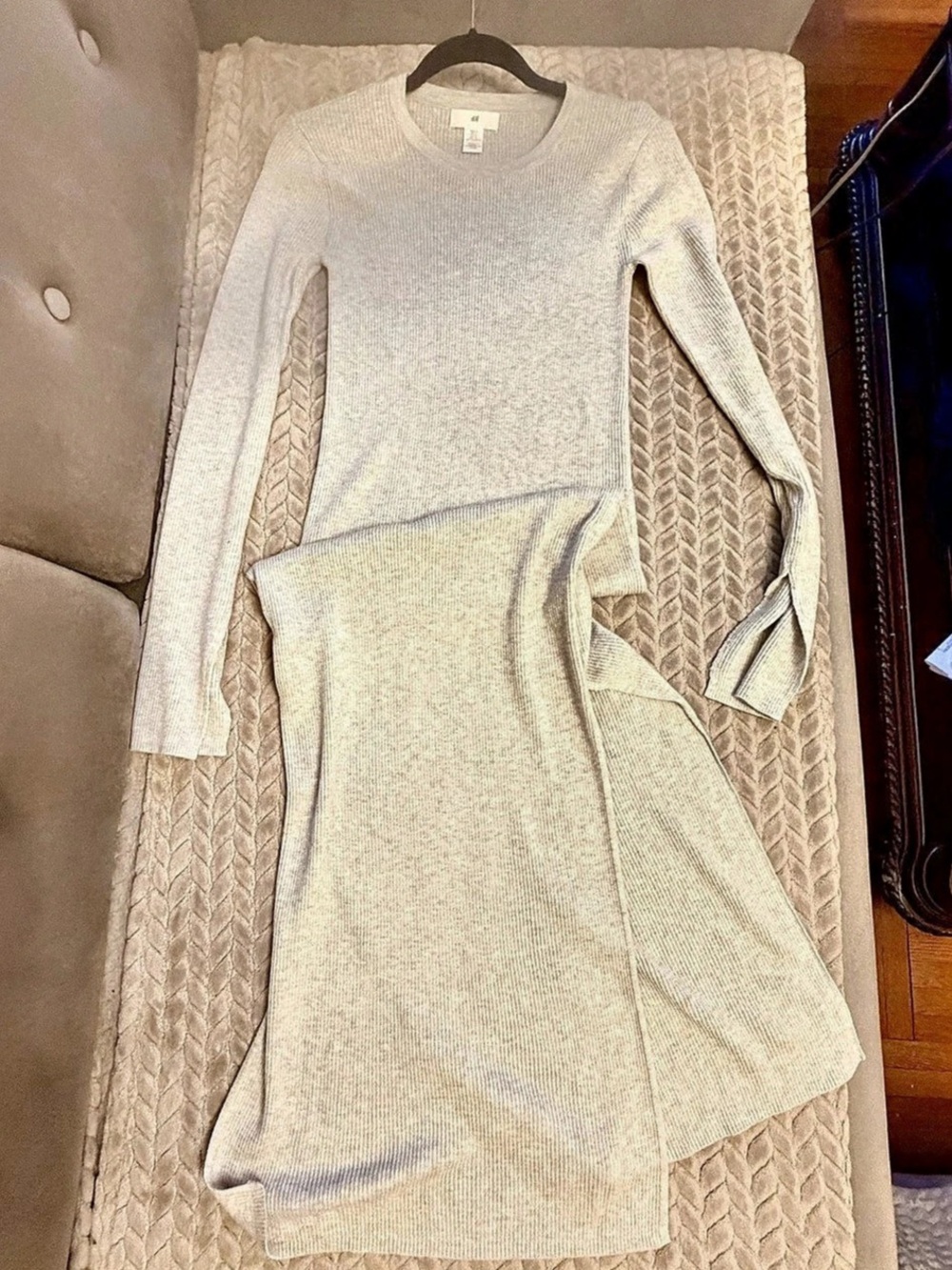 H&M Rib-knit Long Sleeve Dress with Side Slit Cream Small - Picture 2 of 5